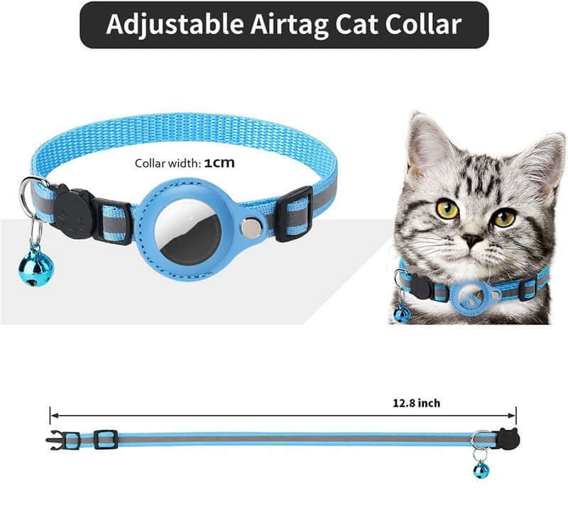 Air tag Pet Safety Collar in adjustable blue design for cats with bell and reflective feature.