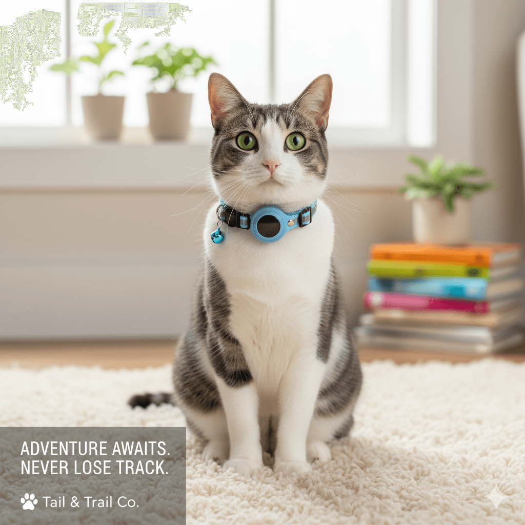 Air tag Pet Safety Collar on a cat, showcasing the blue design in a cozy indoor setting.