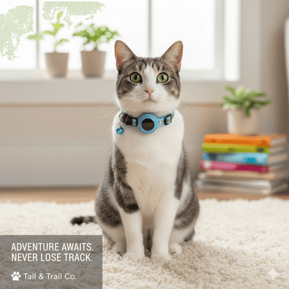Air tag Pet Safety Collar on a cat, showcasing the blue design in a cozy indoor setting.